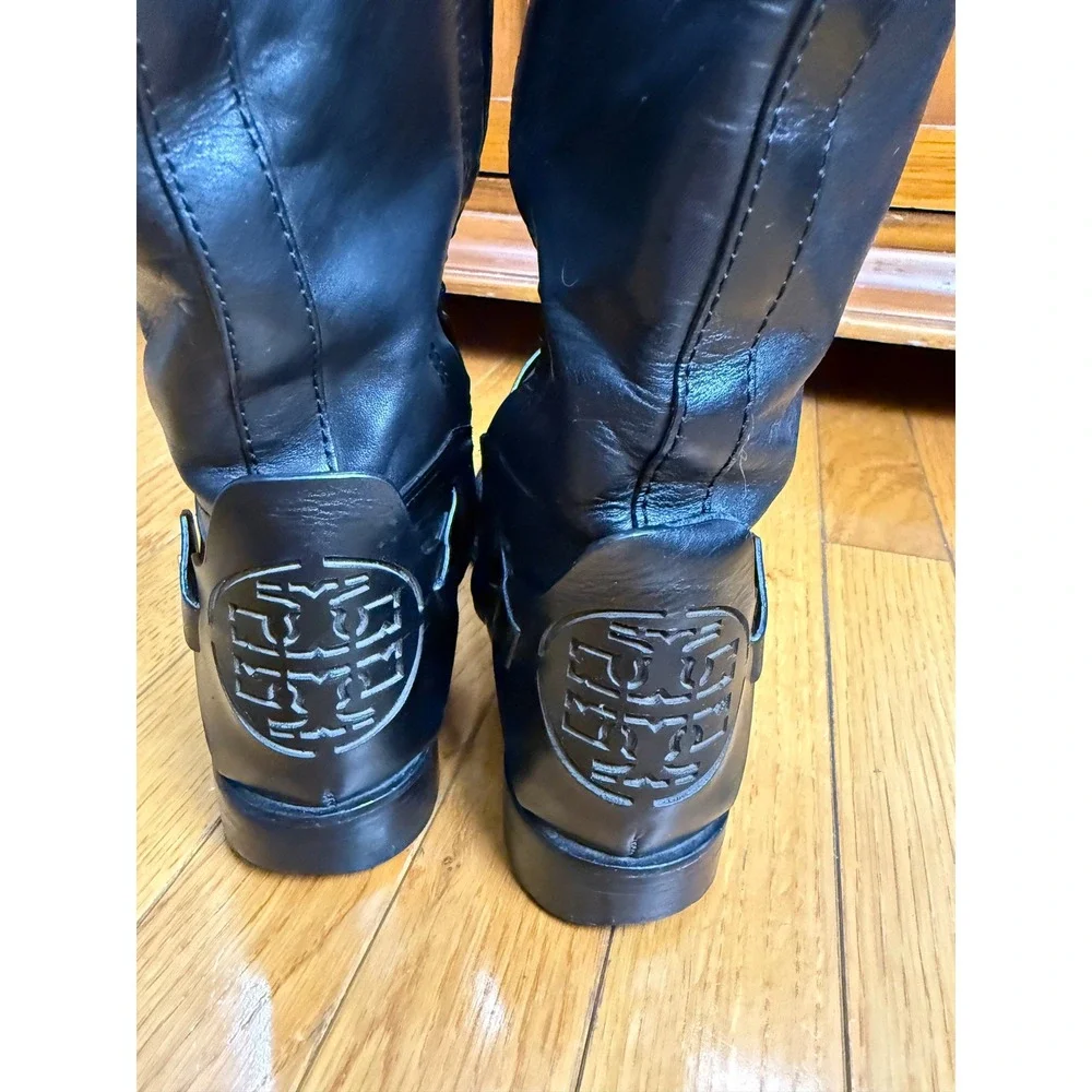Tory Burch Colton Riding Boot Black Leather Tall Riding Boots‎ Embossed Logo 7M